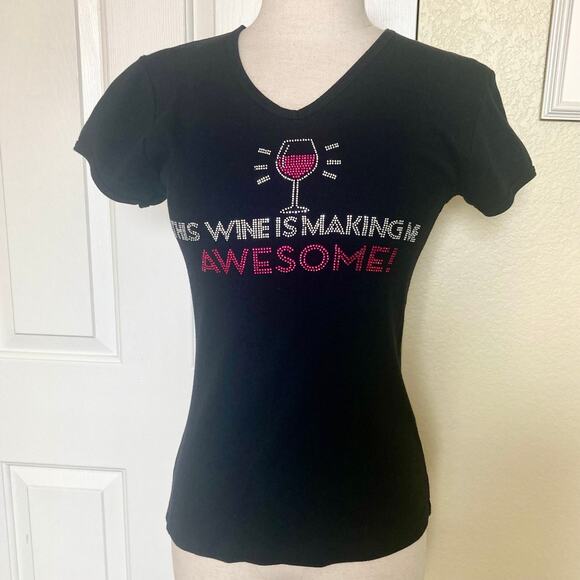 Women’s black rhinestone wine tee, short sleeve embellished graphic T-shirt - Picture 5 of 6